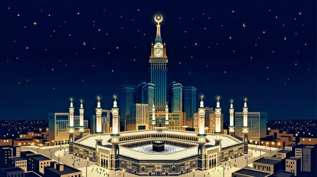 Mecca at Night Illuminated Grand Mosque Skyline for Travel Marketing Mecca Makkah Grand Mosque Masjid Al Haram