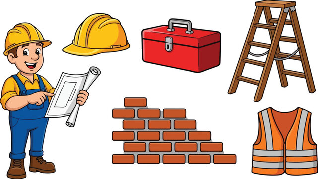 Construction worker tools and safety equipment illustration