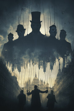 AI-generated image of surreal puppet masters in top hats controlling figures over an inverted city, symbolizing conspiracy and social manipulation.