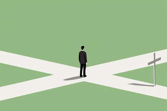 十字路で立ち止まるスーツの男性