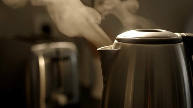 Stainless steel kettle with rising steam, a toaster is also visible in the kitchen.