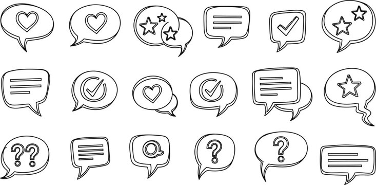 Doodle style speech bubbles and thought balloons with various icons and question marks