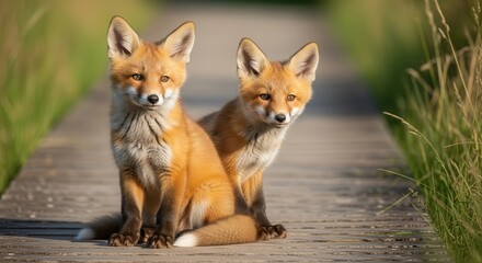 Obraz premium Two adorable red fox kits sitting on a path in a grassy field