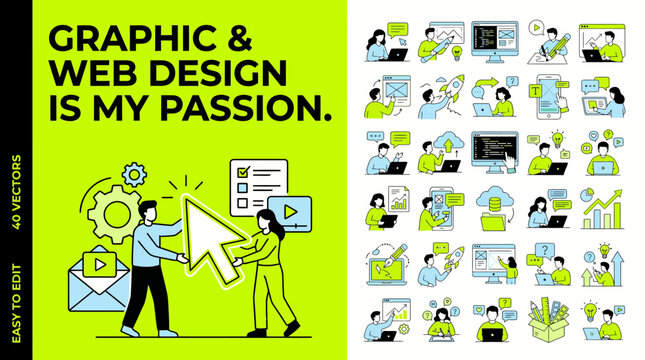 Cartoon-Style Team Collaboration in Graphic Design and Web Design, Expressing Passion for Creative Digital Artwork