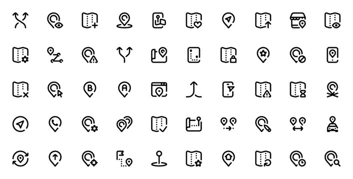 Location icon set. Vector map and navigation icons. Includes symbols for GPS, pin, route, smartphone, upload, settings, edit, favorite, distance and more. Editable stroke.