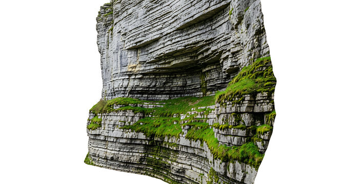 Layered rock cliff with green moss, showcasing natural geological strata and rugged texture