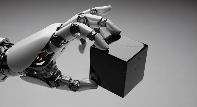 Robotic hand holding shiny black cube concept
