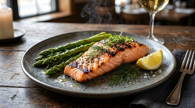 Tender Grilled Salmon Fillet with Fresh Asparagus on Ceramic Plate, Healthy Gourmet Seafood Dish, Delicious Restaurant Meal, Nutritious Fine Dining, Freshly Cooked Fish and Vegetables