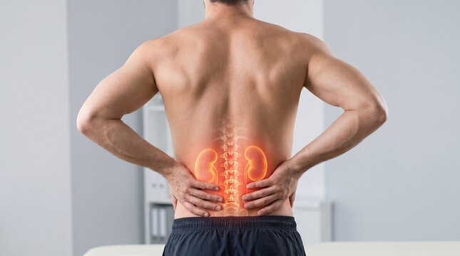 A shirtless man from behind holding his lower back, with a glowing red overlay indicating kidney pain or lower back discomfort.