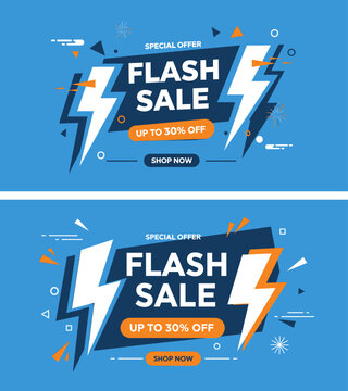 A promotional graphic design featuring two identical flash sale banners with lightning bolts and special offer text on a blue background.