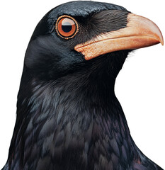 Obraz premium Crow bird beak portrait closeup of black feather wildlife with orange eye on cutout