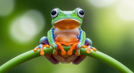 Obraz premium Vibrant green frog perched on leafy branch in forest