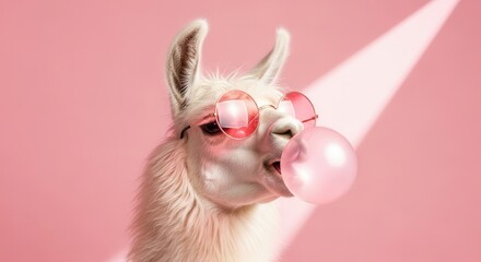 Fototapeta premium funny llama wearing sunglasses blowing pink bubblegum bubble
