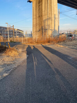Shadow of three men in rural Japan next to the pillar of a Shinkansen track during sunset