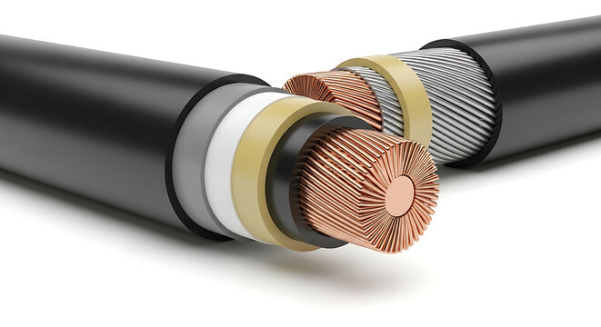 Detailed cross-section of electrical power cable showcasing insulated copper conductors