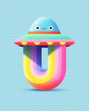 Stylized Cartoon Illustration of an Alien with a Multicolored Upside-Down "U" on Its Head