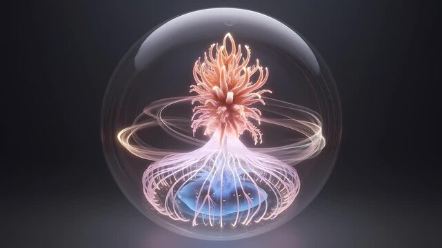 Abstract glowing organic alien plant specimen in a transparent glass sphere, cosmic energy swirling