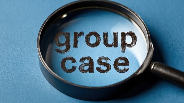 A magnifying glass focusing on the words 'group case' against a blue background