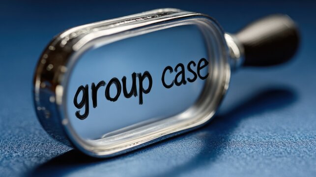 A magnifying glass with the words 'group case' reflected on the glass surface, highlighting detailed metallic frame and handle