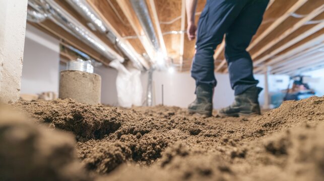 A man working on an unfinished basement floor with dirt and construction materials visible