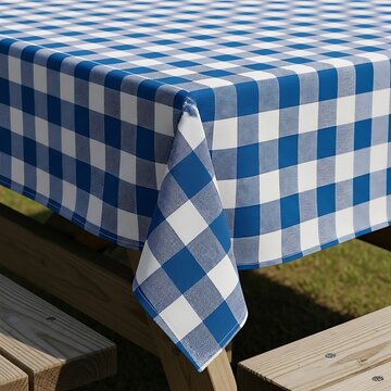 Blue and White Gingham Tablecloth on Picnic Table.