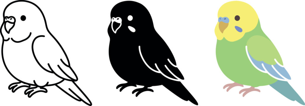 Colorful cartoon parakeets in different styles and colors standing alone