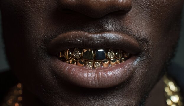 A man's mouth featuring gold grills on his teeth, showing a smile with visible lips and detailed dental jewelry