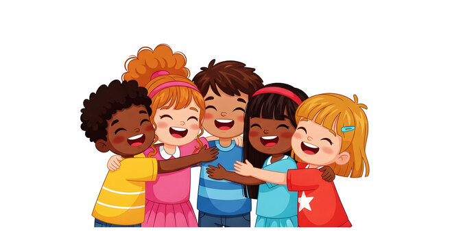 Diverse group of happy cartoon children hugging with joy and laughter kids