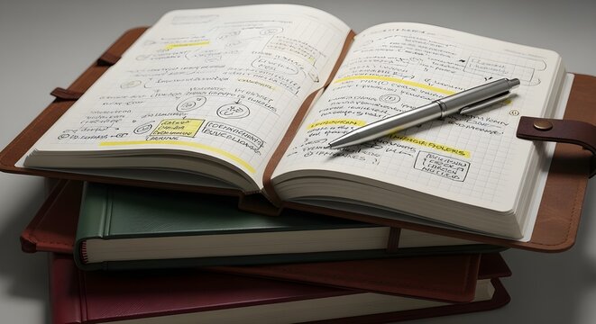 A stack of notebooks and journals with a pen on top