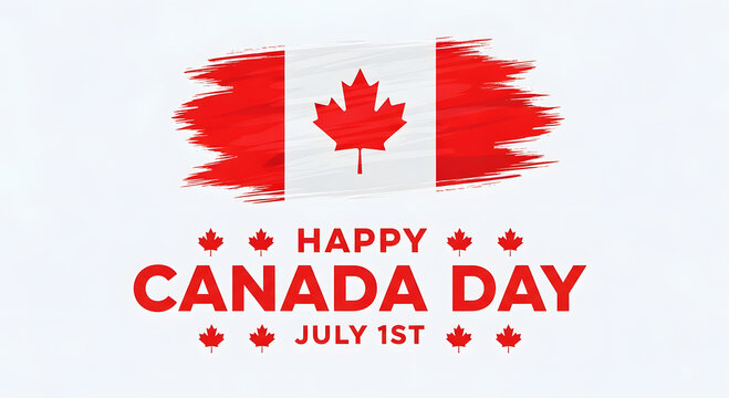 Happy Canada Day celebration with red maple leaf flag and text july first