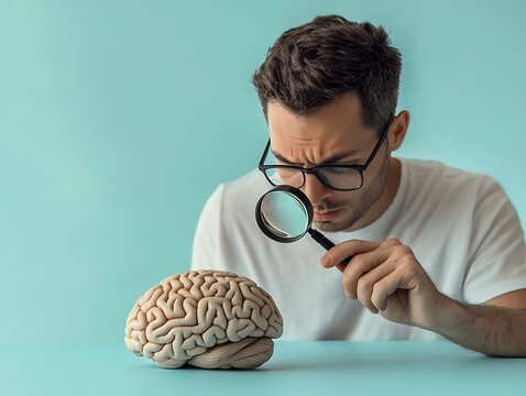 Curious Mind Analyzing Brain Model with Magnifying Glass Focus