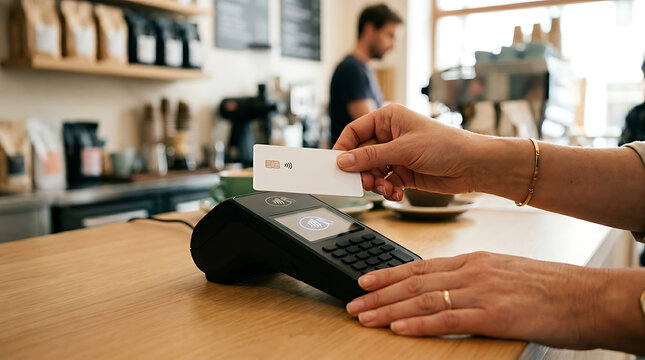 Person paying with contactless credit card on payment terminal at cafe counter for fast and secure retail transaction using wireless technology