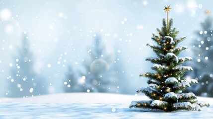 Obraz premium Serene Winter Scene Featuring a Snow-Covered Christmas Tree with Glowing Lights in a Softly Blurred Background