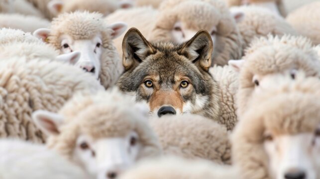 A lone wolf stands out among a herd of fluffy white sheep in a captivating pastoral scene