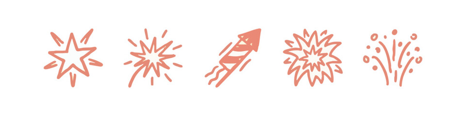 Collection of Hand Drawn Firework Spark and Celebration Icons in Pink Line Art Style © liubomir118809