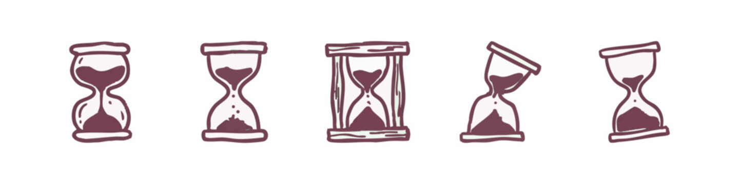 Hourglass Collection Showing Passage of Time Hand Drawn Maroon Icons