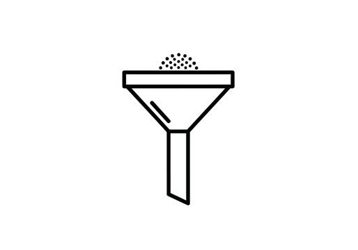 Funnel with pouring particles icon for business process and data filtering, minimalist line style