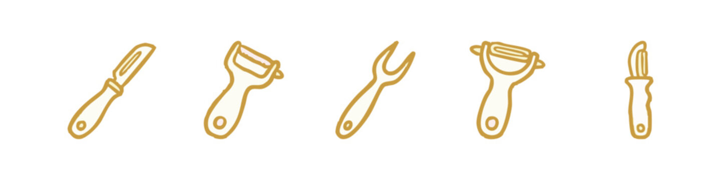 Kitchen Utensils Hand Drawn Icons: Vegetable Peelers and Carving Fork Gadgets