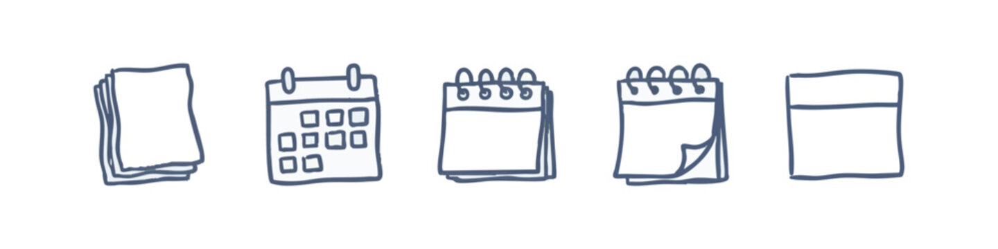 Office Stationery Hand Drawn Icons: Paper Stack, Calendar, and Sticky Note