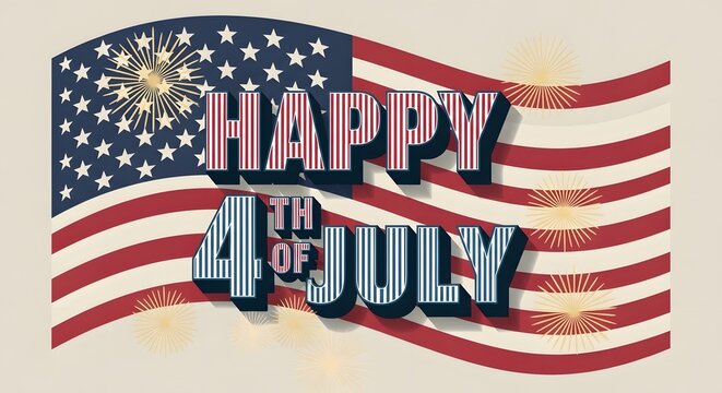 Happy 4th of july typography with waving american flag and fireworks