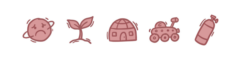 Space Exploration and Nature Icons Hand Drawn Style with Rover, Planet, and Igloo © liubomir118809