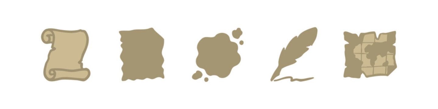 Vintage Writing and Treasure Map Exploration Icon Set in Beige
