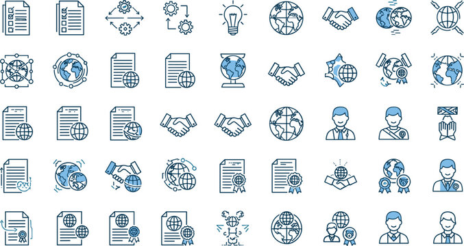 Global business and international partnership icons set with documents handshake world map analytics strategy communication and corporate network vector illustration collection
