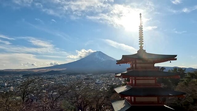  Chureito Pagoda is pagoda on the mountainside overlooking Fujiyoshida City and Mount Fuji off in the distance. The pagoda is part of the Arakura Sengen Shrine in Yamanashi Japan , Stable Travel Foota