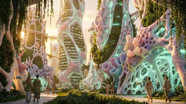 Futuristic city landscape with organic architecture and people walking, representing advanced urban development and sustainable living concepts
