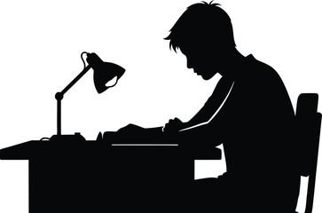 Silhouette of a person deeply focused on writing at a desk with a desk lamp. isolated on white background, Vector © RUMA AKTHER