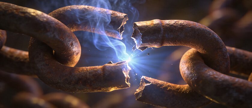 Welding connects two rusty metal chains with sparks flying outside in industry