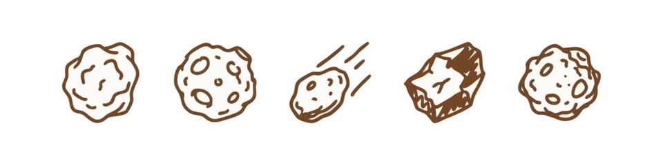 Collection of hand-drawn asteroid and meteorite icons, showcasing various rock and celestial body shapes. © liubomir118809