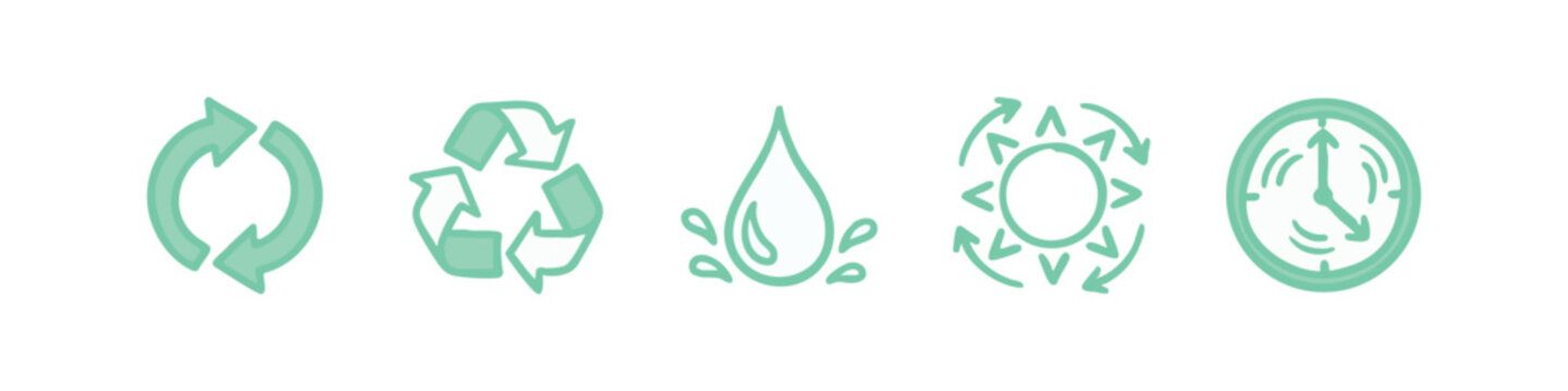 Doodle icons of sustainability and time: recycle, water drop, sun, clock