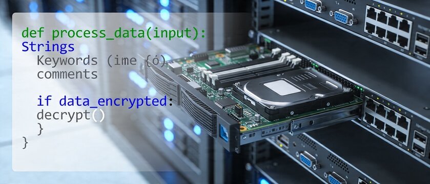 Secure data processing and robust cybersecurity visualized by Python encryption code overlaying server racks, depicting advanced digital infrastructure and information management